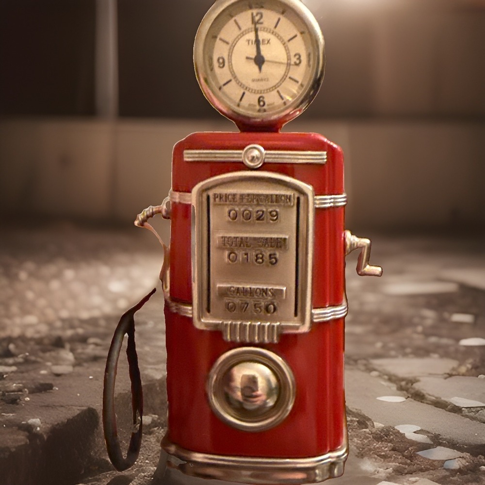 Timex Vintage Red Gas Pump Miniature Clock Collectible Souvenir Desk Decor 4in